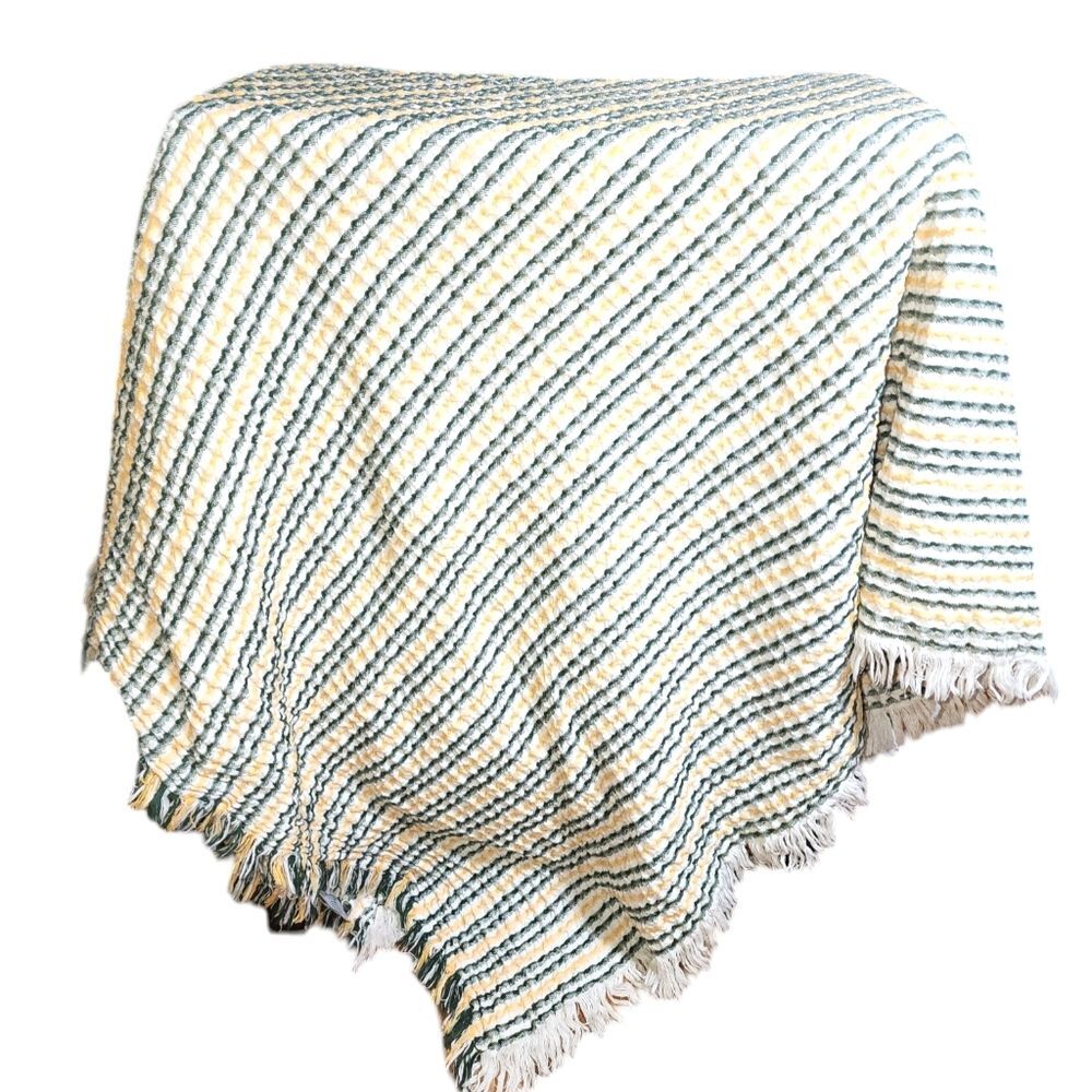 INUP Home Portugal Made Green & Yellow Cotton Waffle Weave Fringed Throw 51"X67"